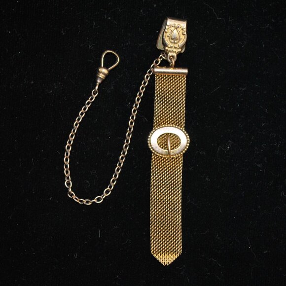 Antique Bates & Bacon Watch Chain Vest Clip with Mesh Ribbon & Buckle Accent